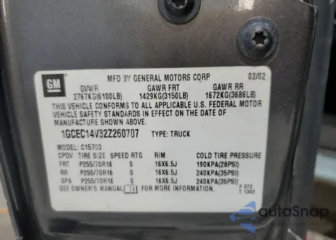 2002 Chevrolet Silverado C1500 из США, поврежденный, VIN 1GCEC14V32Z260707